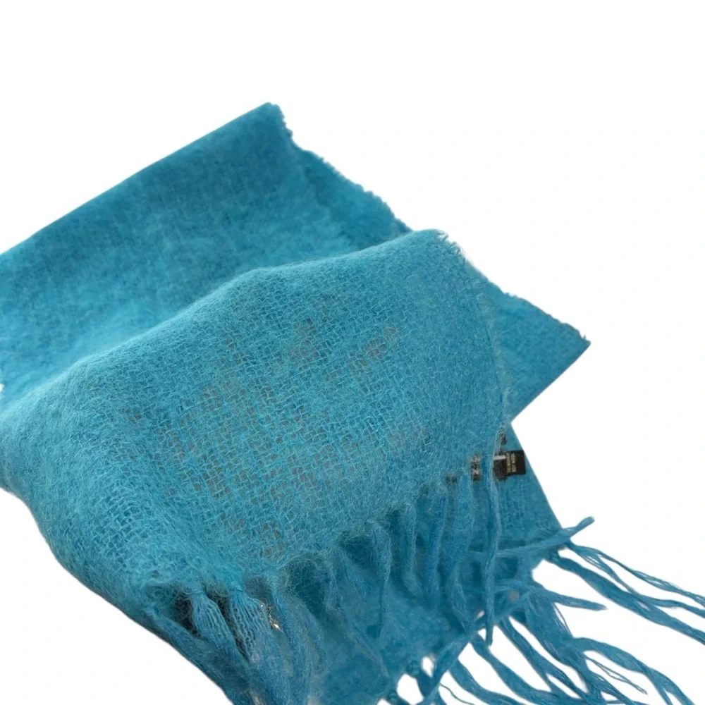 John Hanly Made in Ireland Bright Light Blue Artsy Knit Fringe Scarf Mohair Wool